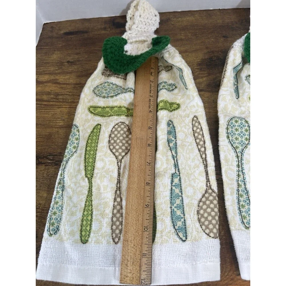 Set Of 2 Hanging Kitchen Towels Crochet Top Spoon Fork Farmhouse Decor Rustic